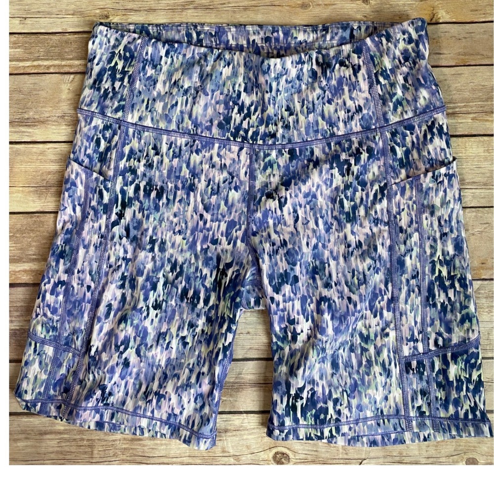 Athleta Ultimate Stash 7" Shorts Blue Purple Abstract Print Womens Large